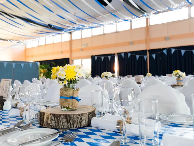 Banquet tables set for a group celebration
